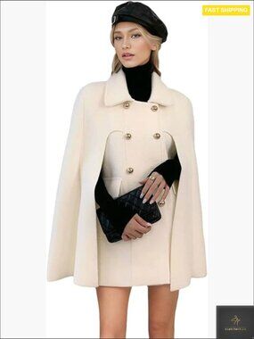 Elegant Wool Blend Cape Coat Double-Breast Sleeveless Poncho Chic Winter